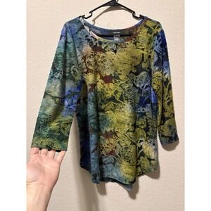 Karen Kane  Burnout Velvet Top M Tie Dye abstract Artsy Lagenlook 3/4 Sleeve
